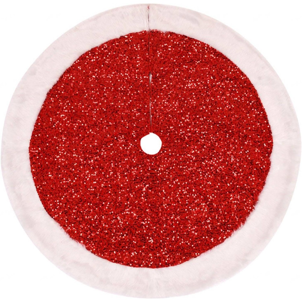 Red Sequin Christmas Tree Skirt 48 Inch White Faux Fur Trim Holiday Decor-NEW